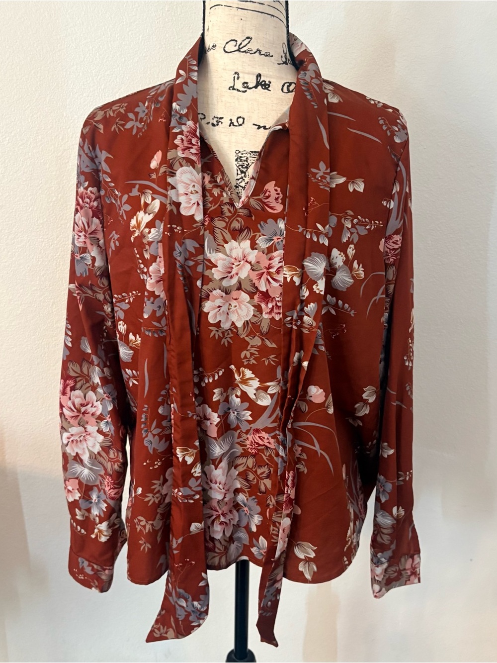 Rust Floral Tie-Neck Blouse